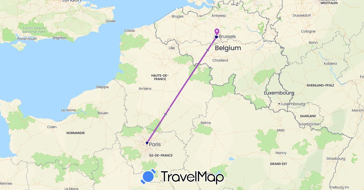 TravelMap itinerary: driving, train in Belgium, France (Europe)